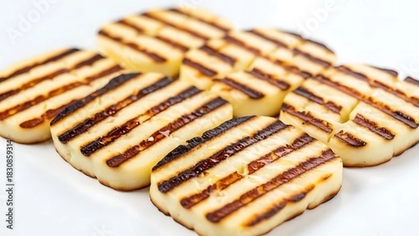 Fototapeta Sliced grilled halloumi cheese with dark grill marks on white plate grilled cheese slices