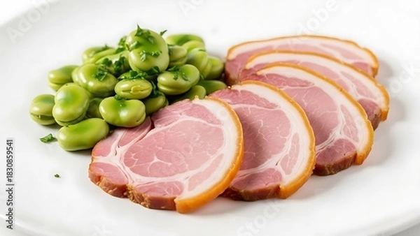Fototapeta Sliced smoked pork belly with fresh green fava beans on a white plate sliced pork green beans