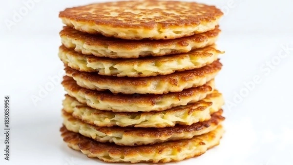 Fototapeta Stack of golden brown potato pancakes with crispy edges on a white background latkes hash browns