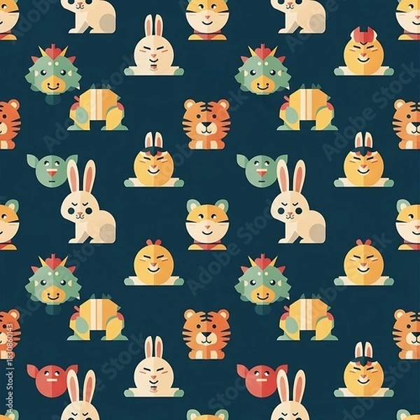 Obraz Seamless pattern of cute Chinese zodiac animals in a modern flat design style on a dark background.
