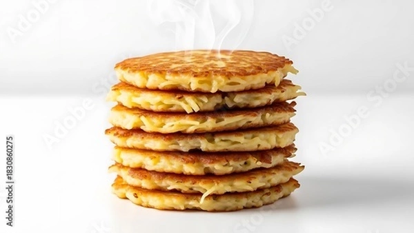 Fototapeta Stack of golden brown potato pancakes with steam rising on a white background latkes hash browns