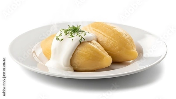 Fototapeta Three potato dumplings topped with sour cream and dill on a white plate cepelinai zeppelins