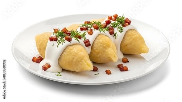 Fototapeta Three potato dumplings topped with sour cream bacon bits and dill on a white plate food