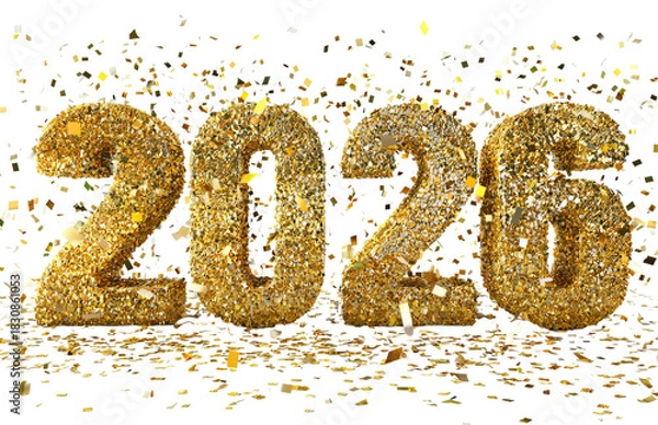 Fototapeta Golden 2026 Text with Confetti isolated on a transparent background