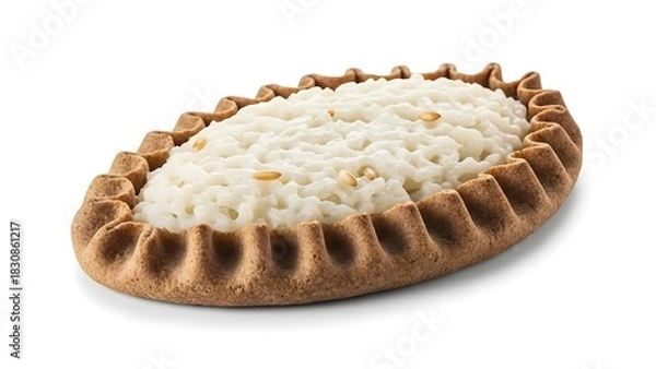 Fototapeta Traditional Finnish Rice Porridge Pie with Pine Nuts on White Background Finnish pie karelian pie
