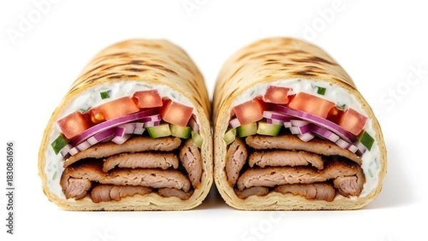 Fototapeta Two halves of a gyro wrap with meat tomatoes onions and cucumber on white sandwich food