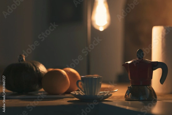 Obraz Morning, cup and coffee maker