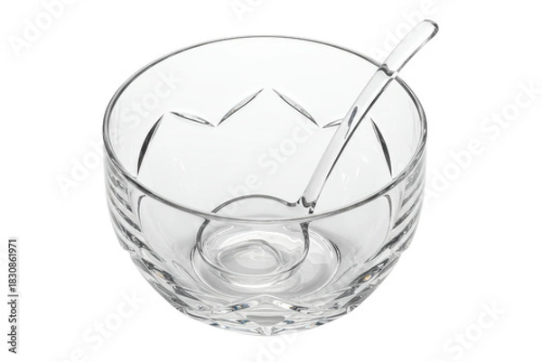 Fototapeta Clear crystal serving bowl with a small glass ladle inside on a transparent background