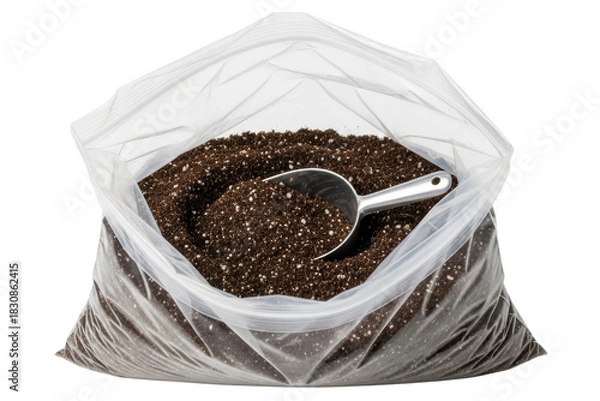 Fototapeta Open plastic bag of potting soil with a metal garden scoop on a transparent background