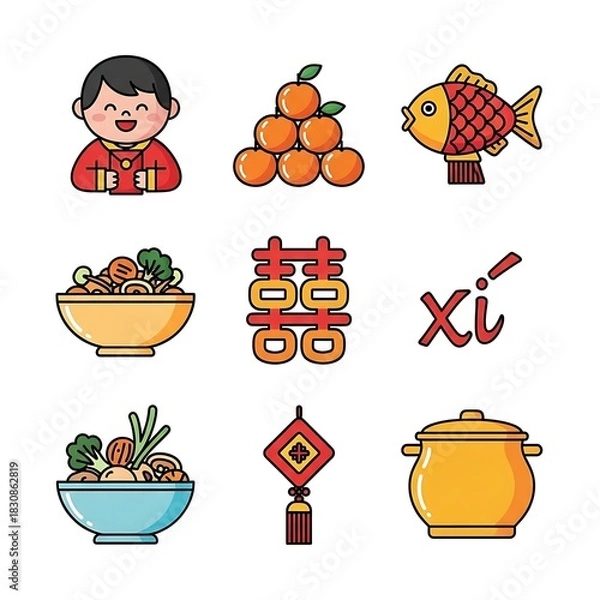 Obraz Set of Chinese New Year and Wedding Icons with Boy, Fish, Oranges, and Double Happiness Symbol