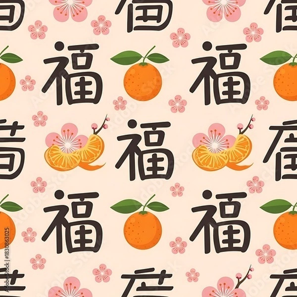 Obraz Seamless pattern with Chinese character 'Fu' for good fortune, mandarin oranges, and pink plum blossoms.