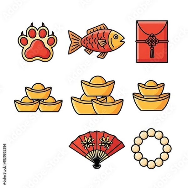 Obraz Set of Chinese New Year symbols: tiger paw, fish, red envelope, gold ingots, and fan.