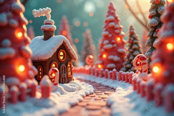 Fototapeta Magical Gingerbread House in Snowy Christmas Forest Scene
