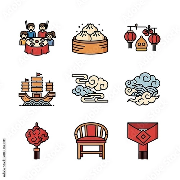Obraz Set of colorful icons representing Chinese culture, traditions, and New Year celebrations.