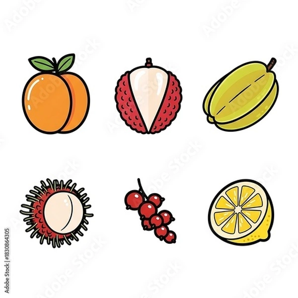 Obraz Set of six colorful fruit icons including apricot, lychee, starfruit, rambutan, currant, and lemon.