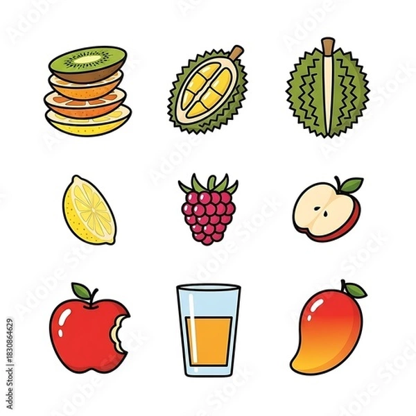 Obraz Vibrant Cartoon Fruit and Juice Icon Set with Apple, Durian, Mango, and Berries