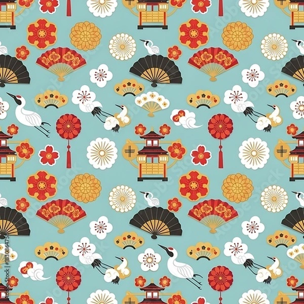 Obraz Traditional Japanese seamless pattern with cranes, fans, flowers, and mikoshi shrines on a textured blue background.