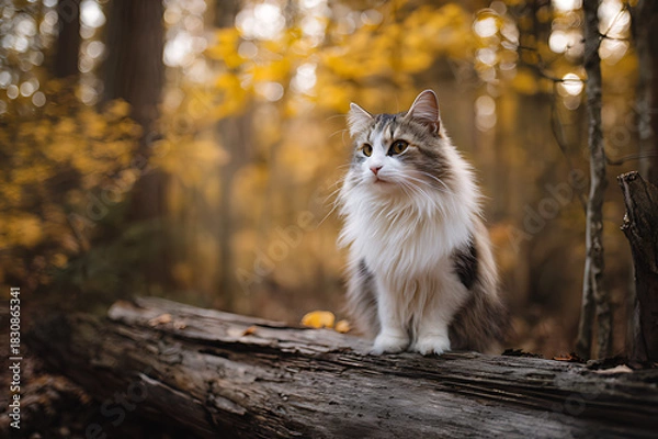 Fototapeta a fluffy cat sits atop an old log in the forest