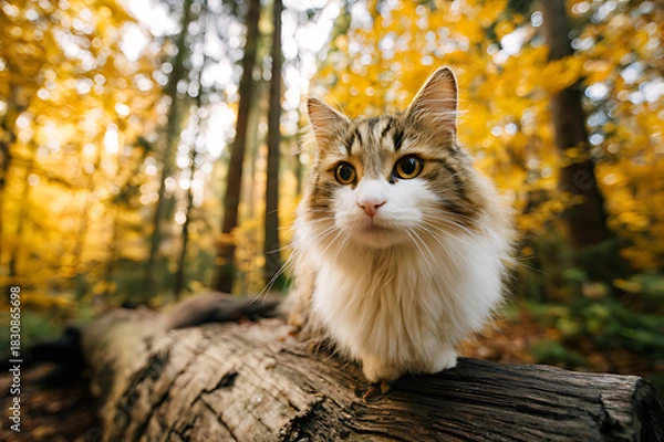 Obraz a fluffy cat sits atop an old log in the forest