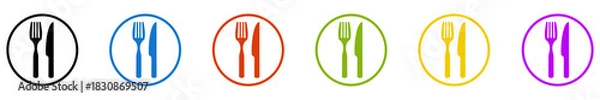 Fototapeta Banner mit 6 farbigen Icons im Kreis: Restaurant, Essen oder Besteck