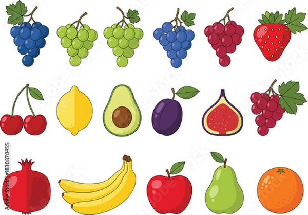 Fototapeta Mega Colorful Fruit Vector Collection Set Featuring Grapes, Strawberry, Cherry, Lemon, Avocado, Plum, Fig, Pomegranate, Banana, Apple, Pear, and Orange.
