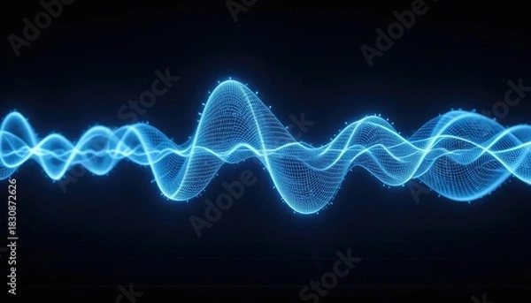 Fototapeta Luminous blue digital sound wave or signal flowing on a dark technology background with glowing particles