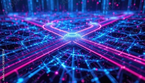 Fototapeta Futuristic Digital Network Grid Visualizing Complex Data Flow and Interconnected Cyber Information Systems