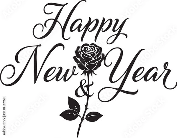 Fototapeta Elegant Happy New Year Calligraphy with Black Rose Icon