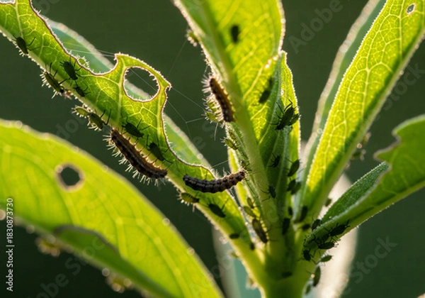 Obraz Extreme close-up of plant stem and leaves eaten by caterpillars and infested with green aphids