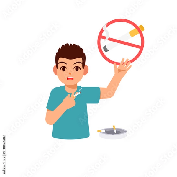 Fototapeta Vector illustration featuring a young man experiencing a moment of panic and shock after realizing he is smoking in a strictly prohibited area.