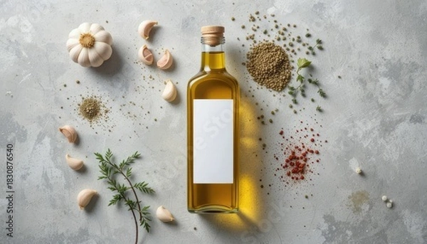 Fototapeta Olive Oil Bottle with Garlic, Spices, and Dill on a Textured Background