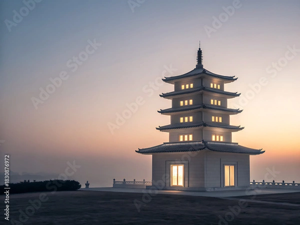 Fototapeta Temple tower in dawn light, minimalist ton