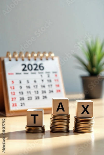 Fototapeta Tax concept with wooden blocks spelling TAX on stacked coins in front of 2026 desk calendar. Financial planning, taxation deadline and accounting theme with plant in background.