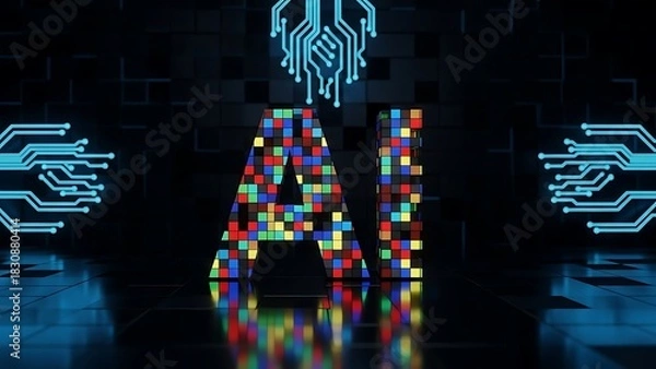 Fototapeta Artificial Intelligence Concept with Colorful Pixelated AI Letters and Electronic Circuitry Visuals Depicting Advanced Technology and Innovation for Business Solutions