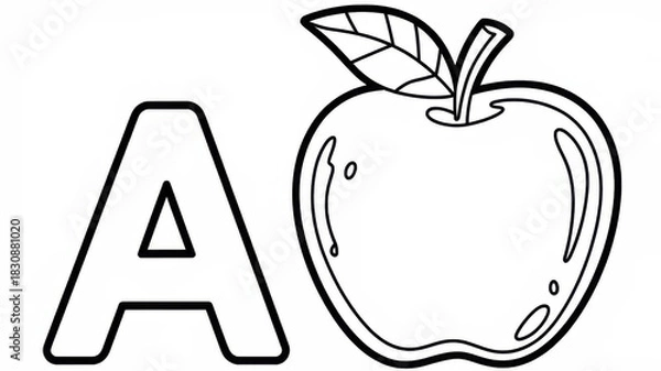 Fototapeta Children’s alphabet coloring page featuring the letter A and a detailed apple illustration. Thin black line art with simple clear contours and many small details for careful coloring. Black and white 
