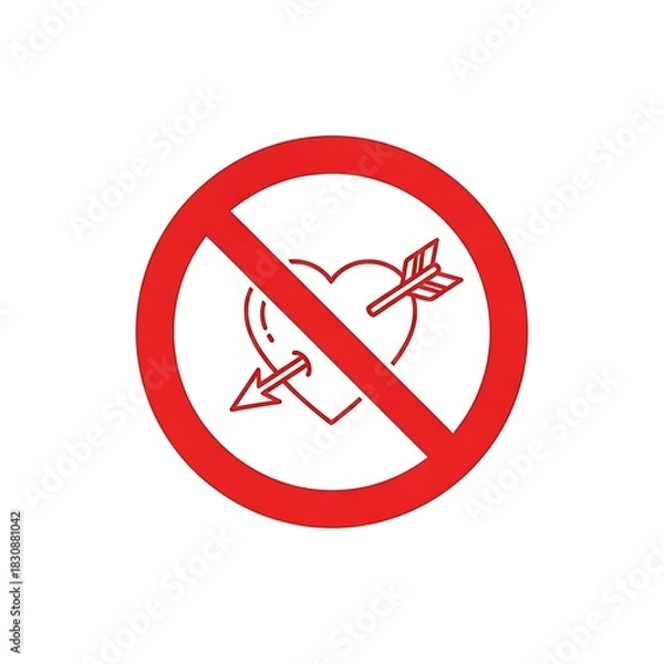Obraz No Love: Red Prohibition Sign with Heart and Arrow on White Background