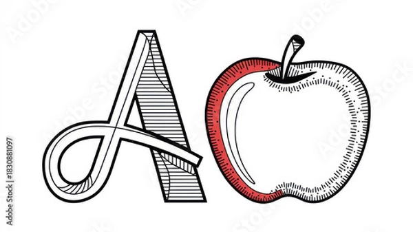 Fototapeta Children’s alphabet coloring page featuring the letter A and a detailed apple illustration. Thin black line art with simple clear contours and many small details for careful coloring. Black and white 