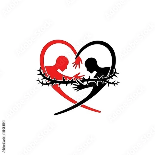 Obraz Abstract heart formed by two figures with a crown of thorns symbolizing love and sacrifice.