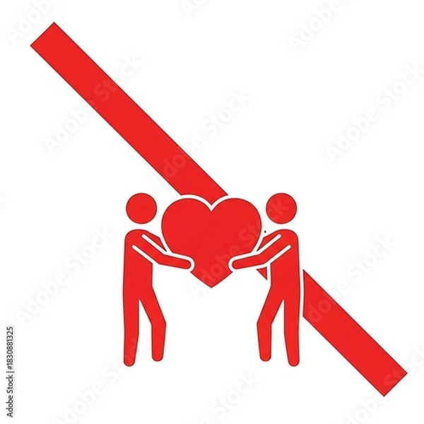 Obraz Red icon of two people holding a heart, crossed out by a diagonal red stripe.