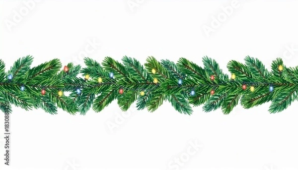 Fototapeta Seamless decorative christmas border with coniferous branches and garlands of christmas lights on isolated white background