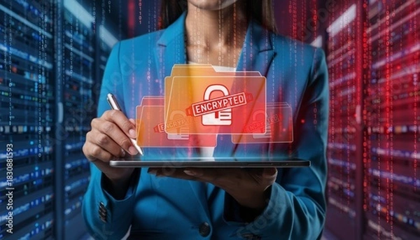 Obraz businesswoman hand holding tablet with floating lock icon encryption alert security warning data protection cyber risk digital privacy system breach network danger access denial hologram display