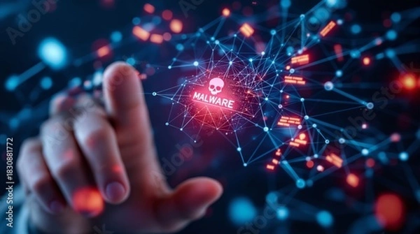 Obraz A hacker finger touching malware icon with digital network glow threat alert security data risk cyberspace protection system danger breach indication