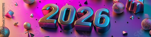 Obraz Metallic 3D text 2026 in a festive environment