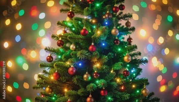 Fototapeta Closeup Christmas tree background with bokeh light with copy space for text
