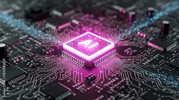 Fototapeta Artificial Intelligence Integration on Circuit Board with Glowing Pink Accent The Future of Technology and Data Processing in Computing and Innovation Concepts