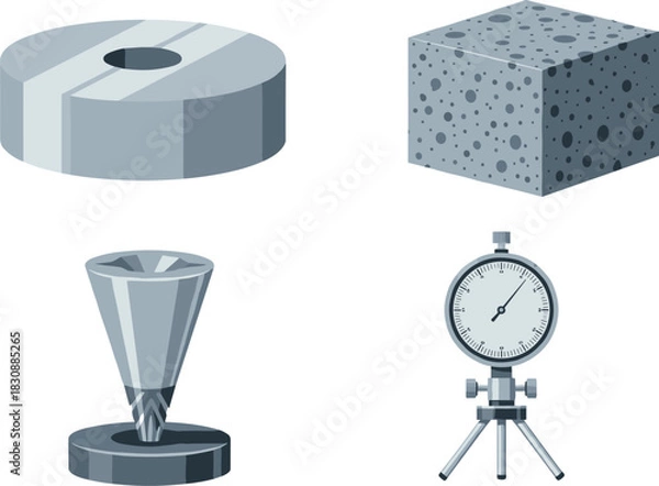 Obraz Industrial testing equipment icons showing metal disc, porous material block, precision cone tool, and dial gauge used for engineering measurements