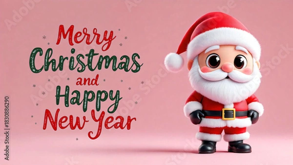 Fototapeta Chibi Santa Claus positioned next to decorative holiday typography on a soft pink background. Great for greeting cards, seasonal posters, and festive advertisements.