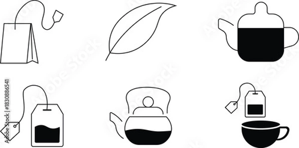 Obraz Collection of black tea bag icons set. Herbal drink packaging label isolated illustration. Tea bag outline icons with various shapes for beverage and drink concepts. Tea bag icons perfect for beverage