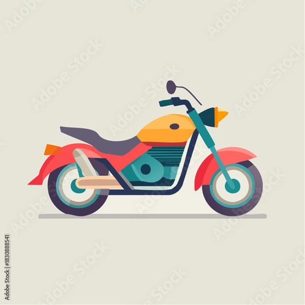 Fototapeta A Vibrant Red and Orange Motorcycle with Teal Accents Parked on a Neutral Background