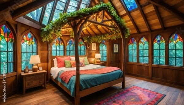 Fototapeta Enchanting Canopy Bed in a Gothic-Inspired Bedroom with Stained-Glass Windows